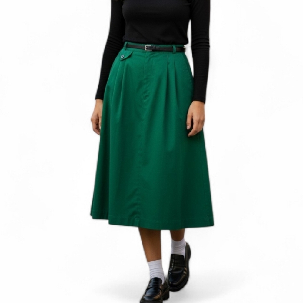 Vintage Silver Unicorn Kelly Green Midi A-Line Skirt High Waist Mod